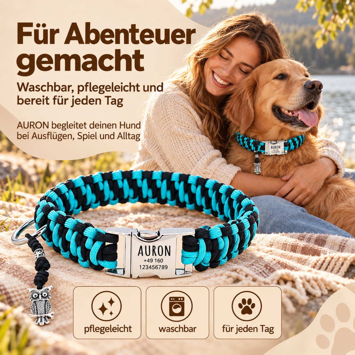 Paracord Hundhalsband "Auron" mit Gravur von Name und Telefon auf der Schnalle, drei verschiedene Größen