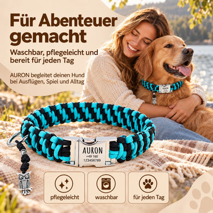 Paracord Hundhalsband "Auron" mit Gravur von Name und Telefon auf der Schnalle, drei verschiedene Größen