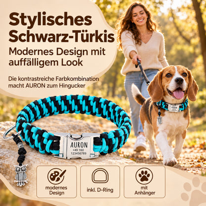 Paracord Hundhalsband "Auron" mit Gravur von Name und Telefon auf der Schnalle, drei verschiedene Größen