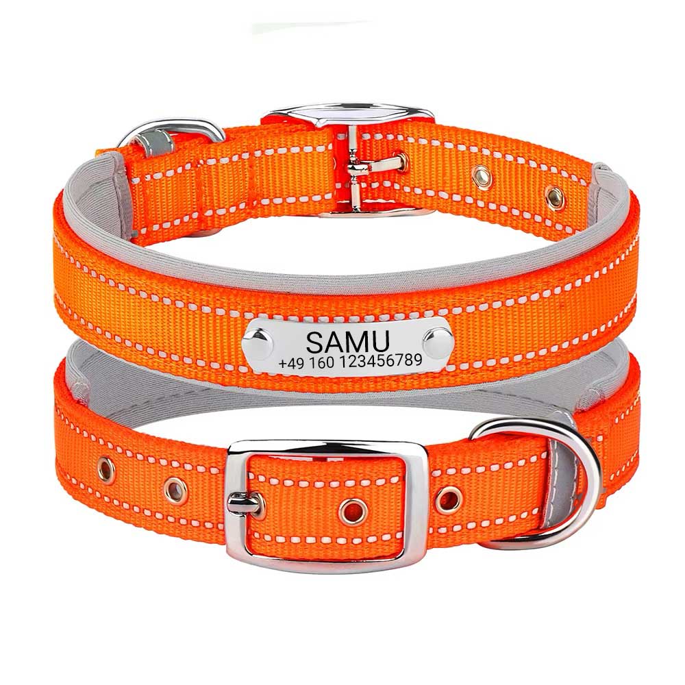 Graviertes Hundehalsband "Samu" mit Reflektor-Sicherheitsnähten. Personalisierung mit Name und Telefon - Orange / S 26–42cm