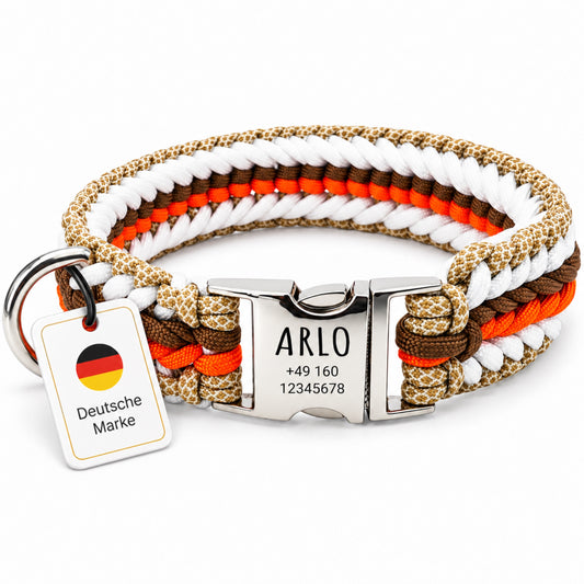 Arlo – Handgefertigtes Paracord Hundehalsband mit Gravur | Orange-Braun-Weiß-Beige