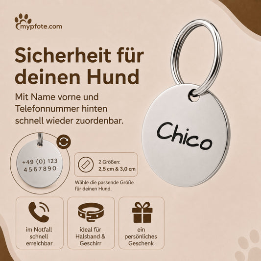 Hundemarke mit Gravur, Name und Telefon personalisiert, rund, 25mm oder 30mm in verschiedenen Farben