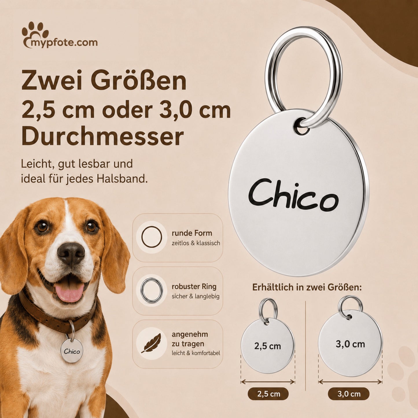 Hundemarke mit Gravur, Name und Telefon personalisiert, rund, 25mm oder 30mm in verschiedenen Farben