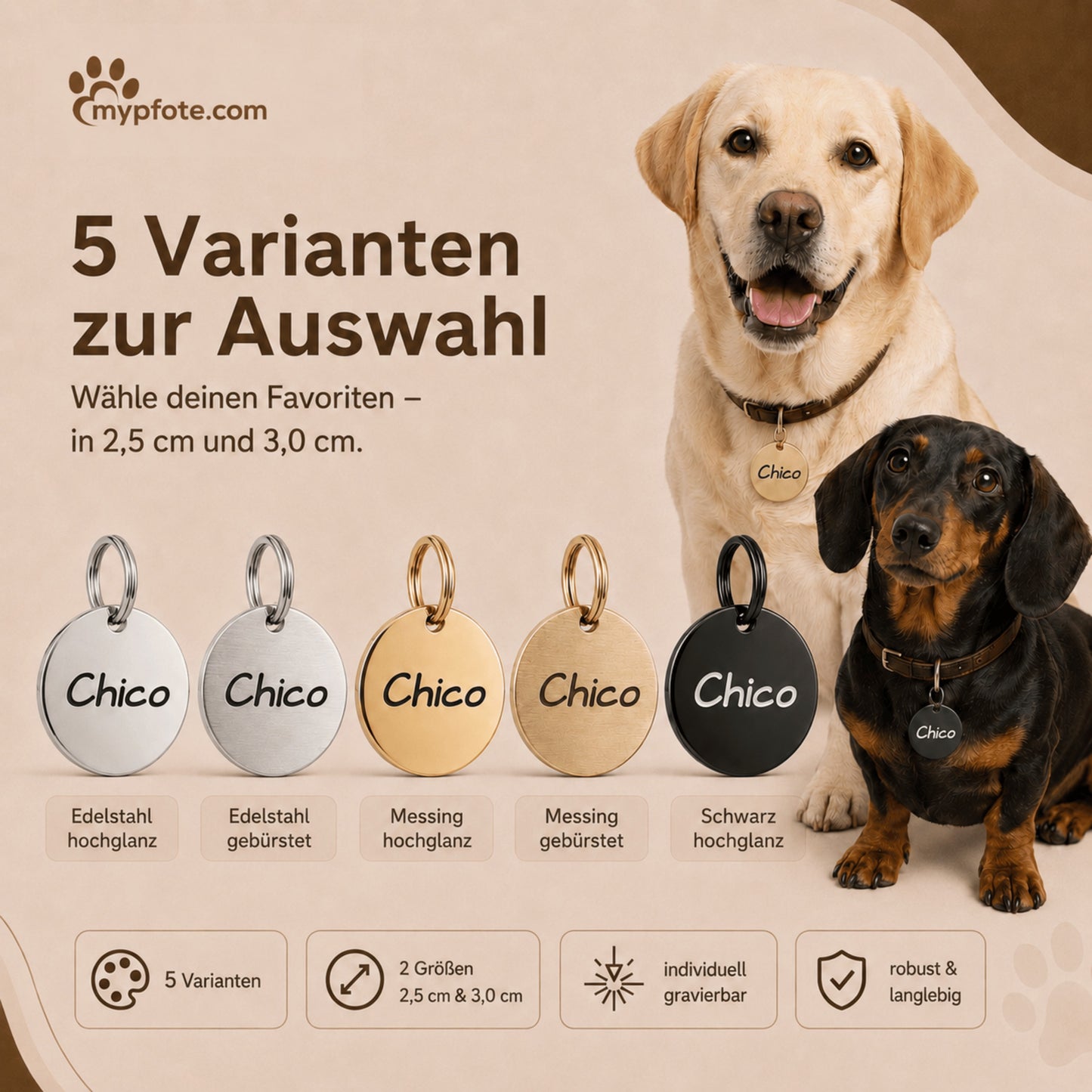 Hundemarke mit Gravur, Name und Telefon personalisiert, rund, 25mm oder 30mm in verschiedenen Farben