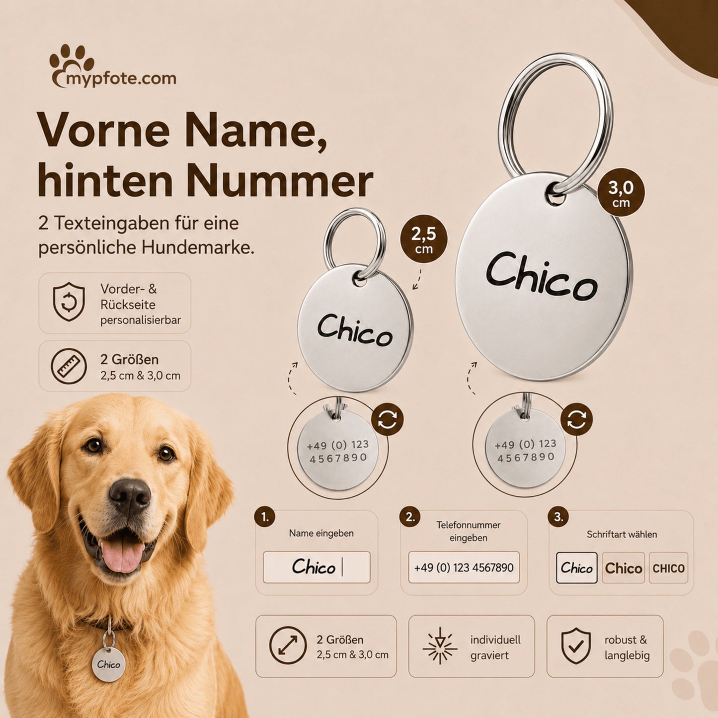 Hundemarke mit Gravur, Name und Telefon personalisiert, rund, 25mm oder 30mm in verschiedenen Farben