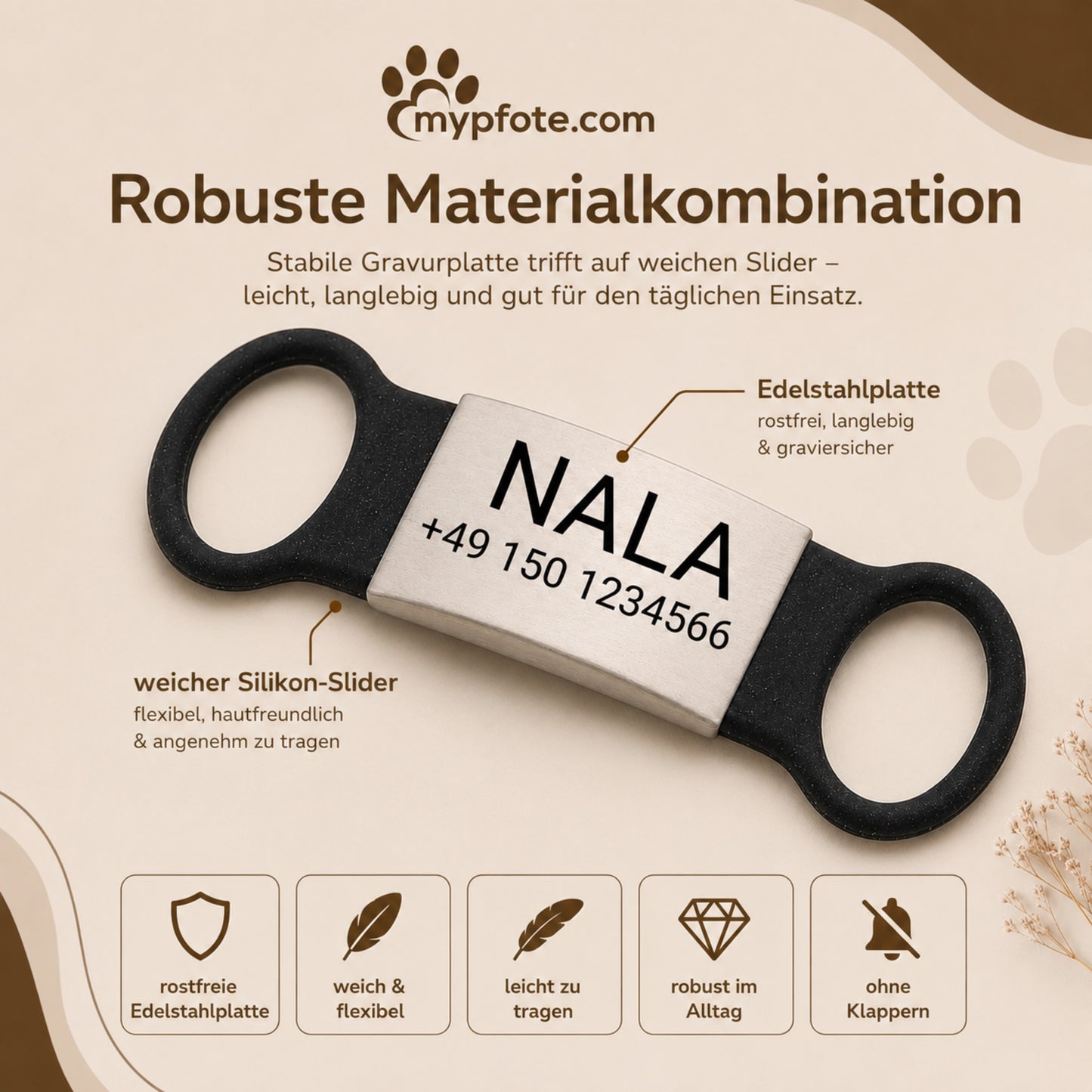 Klapperfreie Hundemarke Silikonslider mit Edelstahl-Schild für Halsbänder inkl. GRATIS Gravur
