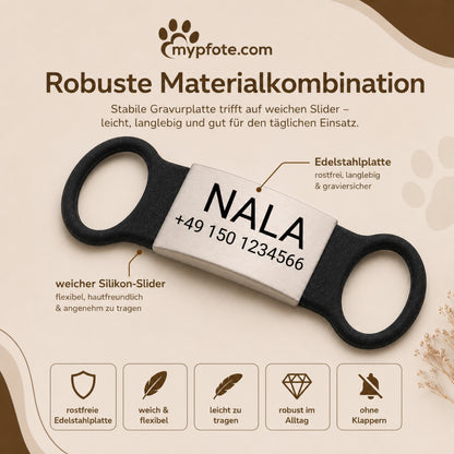 Klapperfreie Hundemarke Silikonslider mit Edelstahl-Schild für Halsbänder inkl. GRATIS Gravur