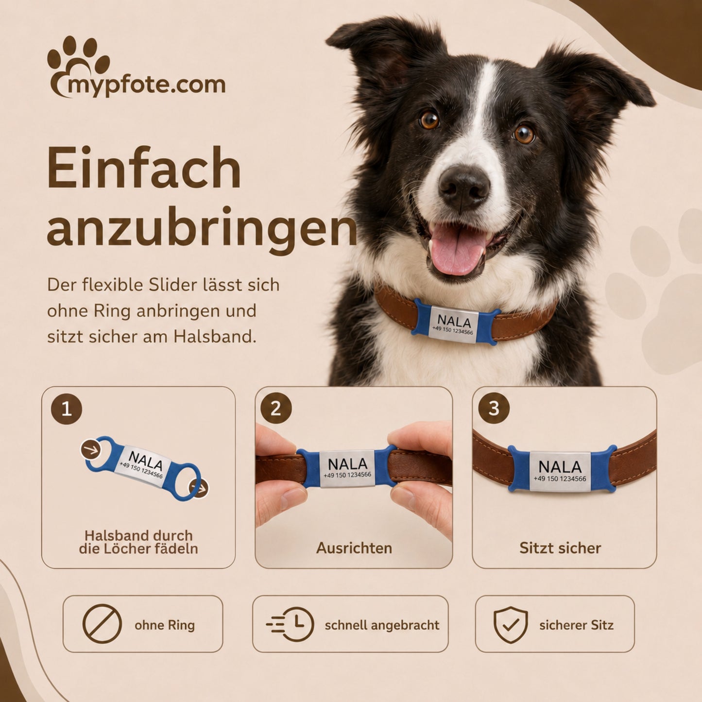 Klapperfreie Hundemarke Silikonslider mit Edelstahl-Schild für Halsbänder inkl. GRATIS Gravur