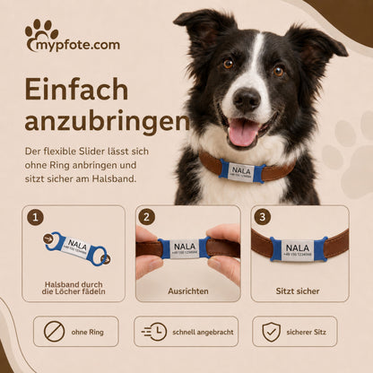Klapperfreie Hundemarke Silikonslider mit Edelstahl-Schild für Halsbänder inkl. GRATIS Gravur