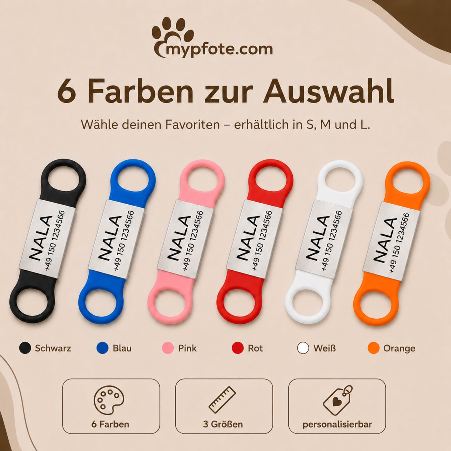 Klapperfreie Hundemarke Silikonslider mit Edelstahl-Schild für Halsbänder inkl. GRATIS Gravur