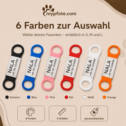 Klapperfreie Hundemarke Silikonslider mit Edelstahl-Schild für Halsbänder inkl. GRATIS Gravur