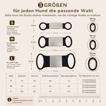 Klapperfreie Hundemarke Silikonslider mit Edelstahl-Schild für Halsbänder inkl. GRATIS Gravur