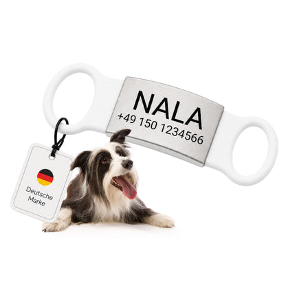 Klapperfreie Hundemarke Silikonslider mit Edelstahl-Schild für Halsbänder inkl. GRATIS Gravur