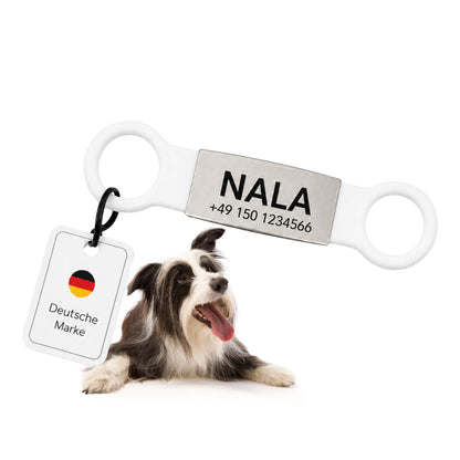 Klapperfreie Hundemarke Silikonslider mit Edelstahl-Schild für Halsbänder inkl. GRATIS Gravur
