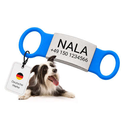 Klapperfreie Hundemarke Silikonslider mit Edelstahl-Schild für Halsbänder inkl. GRATIS Gravur
