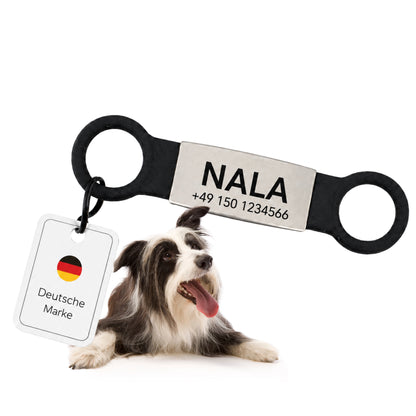 Klapperfreie Hundemarke Silikonslider mit Edelstahl-Schild für Halsbänder inkl. GRATIS Gravur
