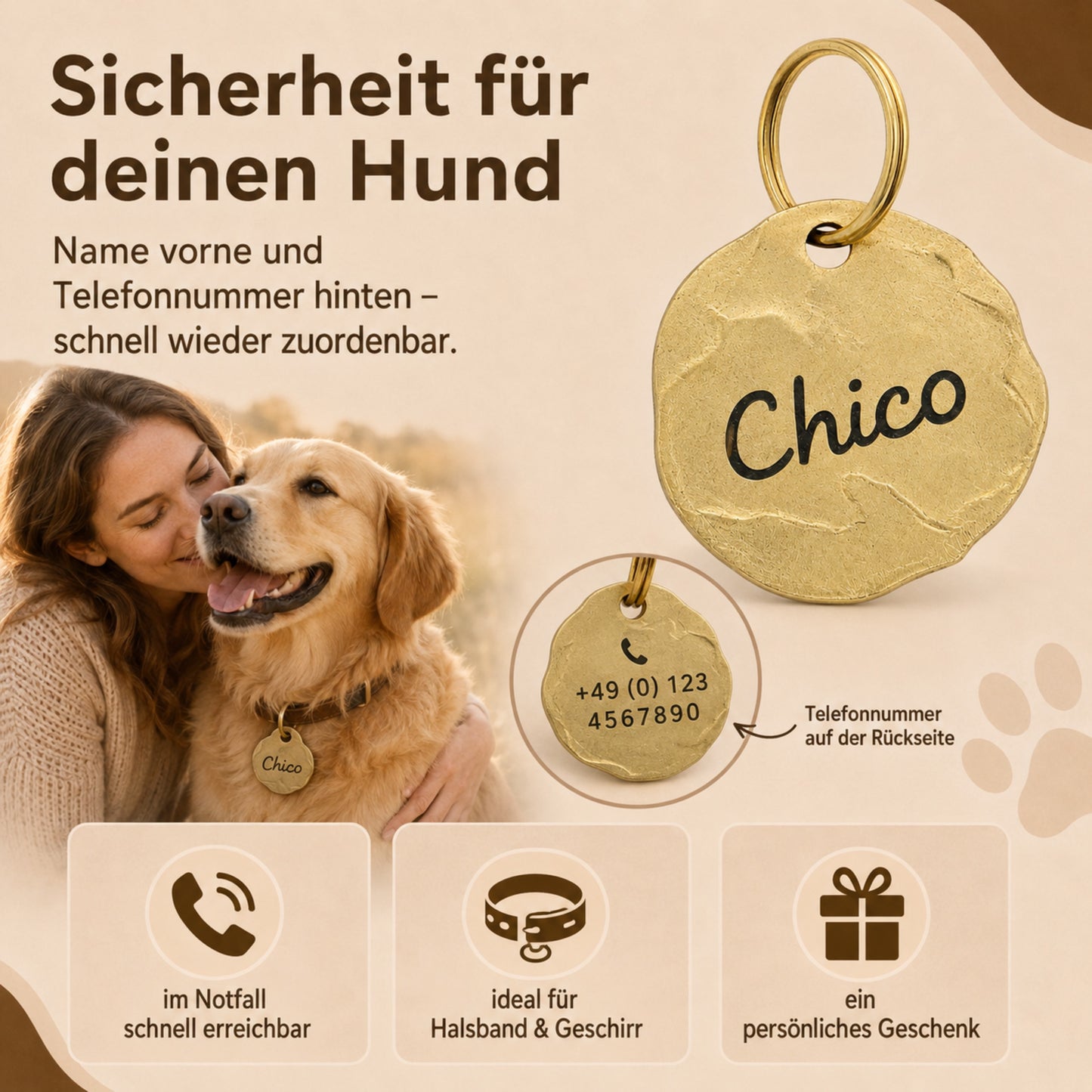 Extravagante Vintage Hundemarke mit Gravur personalisiert, Material Messing, 25mm