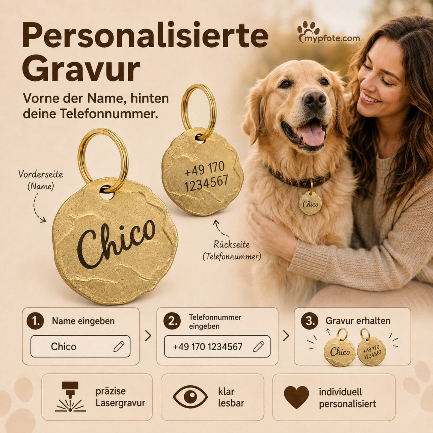 Extravagante Vintage Hundemarke mit Gravur personalisiert, Material Messing, 25mm