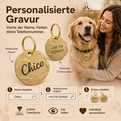 Extravagante Vintage Hundemarke mit Gravur personalisiert, Material Messing, 25mm