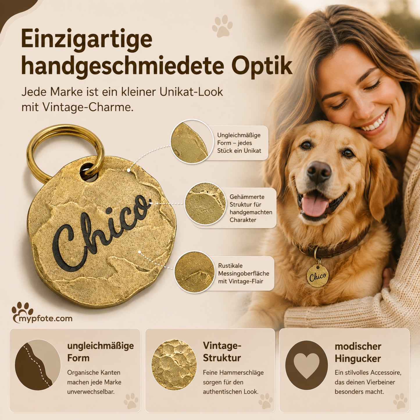 Extravagante Vintage Hundemarke mit Gravur personalisiert, Material Messing, 25mm