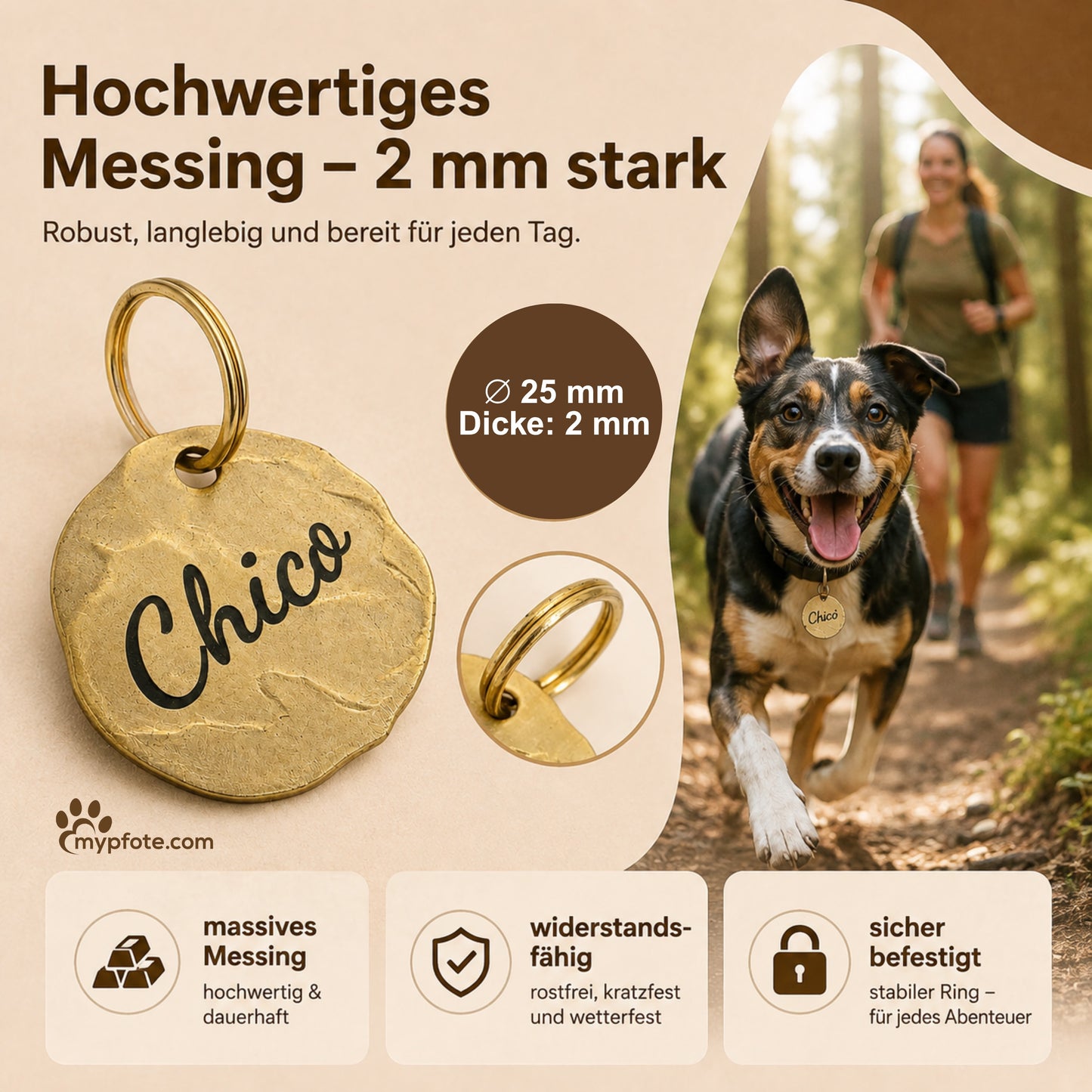 Extravagante Vintage Hundemarke mit Gravur personalisiert, Material Messing, 25mm