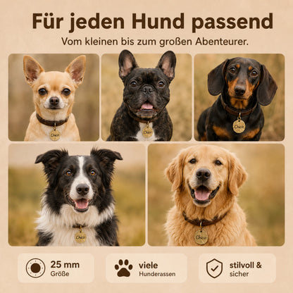 Extravagante Vintage Hundemarke mit Gravur personalisiert, Material Messing, 25mm