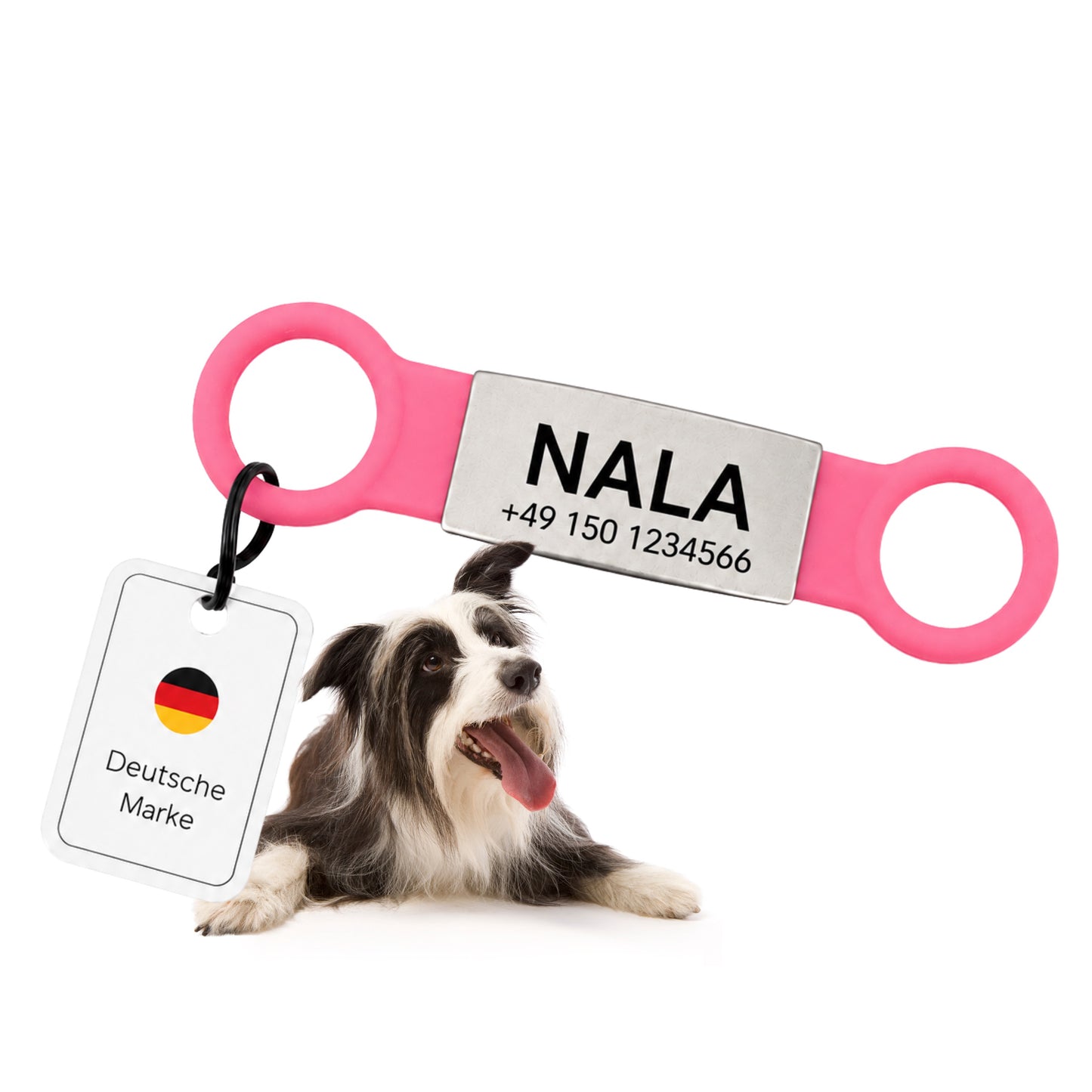 Klapperfreie Hundemarke Silikonslider mit Edelstahl-Schild für Halsbänder inkl. GRATIS Gravur