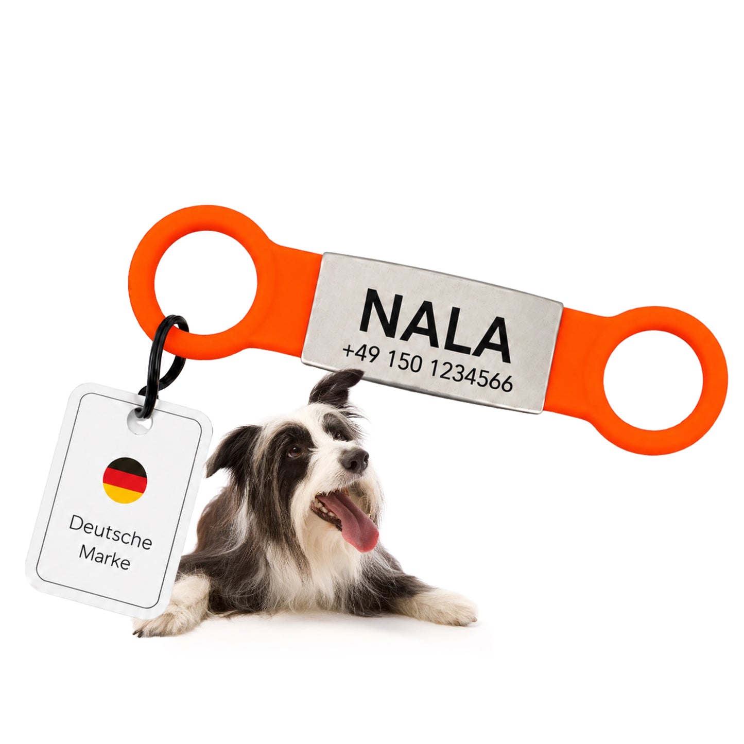 Klapperfreie Hundemarke Silikonslider mit Edelstahl-Schild für Halsbänder inkl. GRATIS Gravur