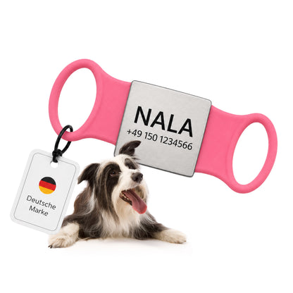 Klapperfreie Hundemarke Silikonslider mit Edelstahl-Schild für Halsbänder inkl. GRATIS Gravur