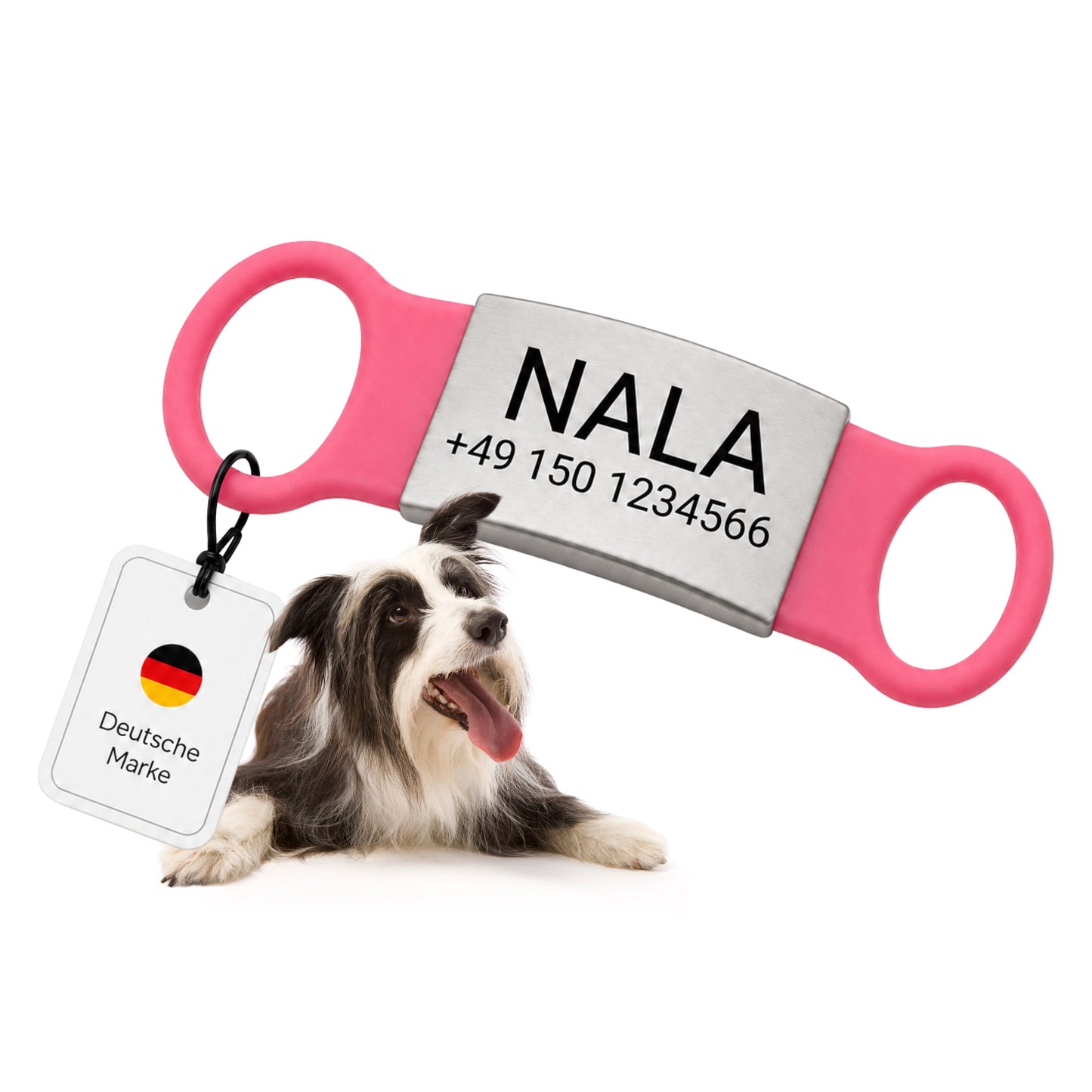 Klapperfreie Hundemarke Silikonslider mit Edelstahl-Schild für Halsbänder inkl. GRATIS Gravur