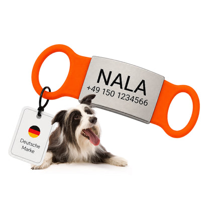 Klapperfreie Hundemarke Silikonslider mit Edelstahl-Schild für Halsbänder inkl. GRATIS Gravur
