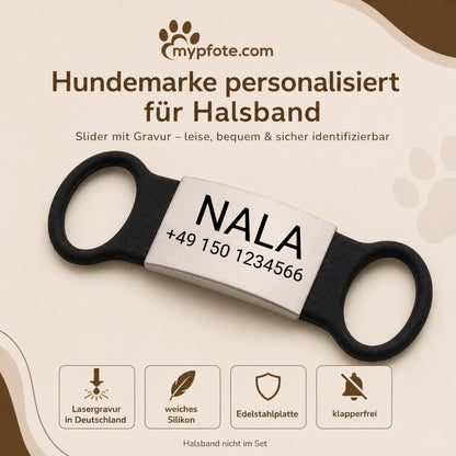 Klapperfreie Hundemarke Silikonslider mit Edelstahl-Schild für Halsbänder inkl. GRATIS Gravur