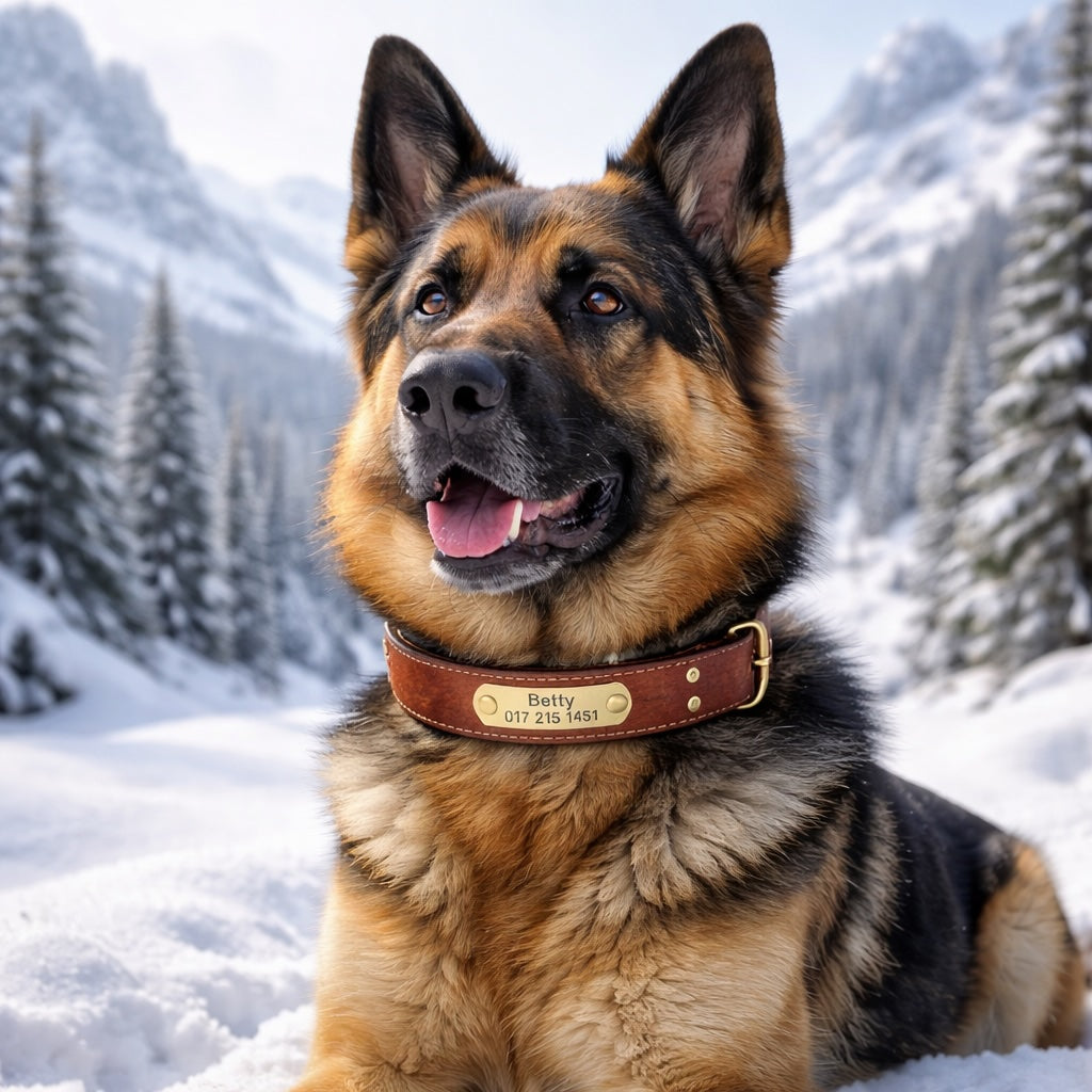 Leder Hundehalsband mit goldfarbener Marke, Gravur Name und Telefon