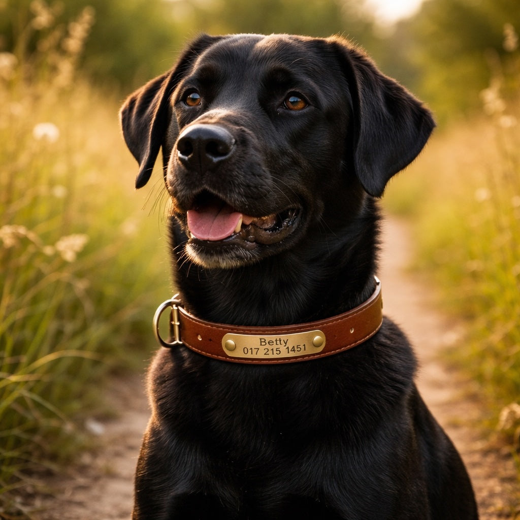 Leder Hundehalsband mit goldfarbener Marke, Gravur Name und Telefon