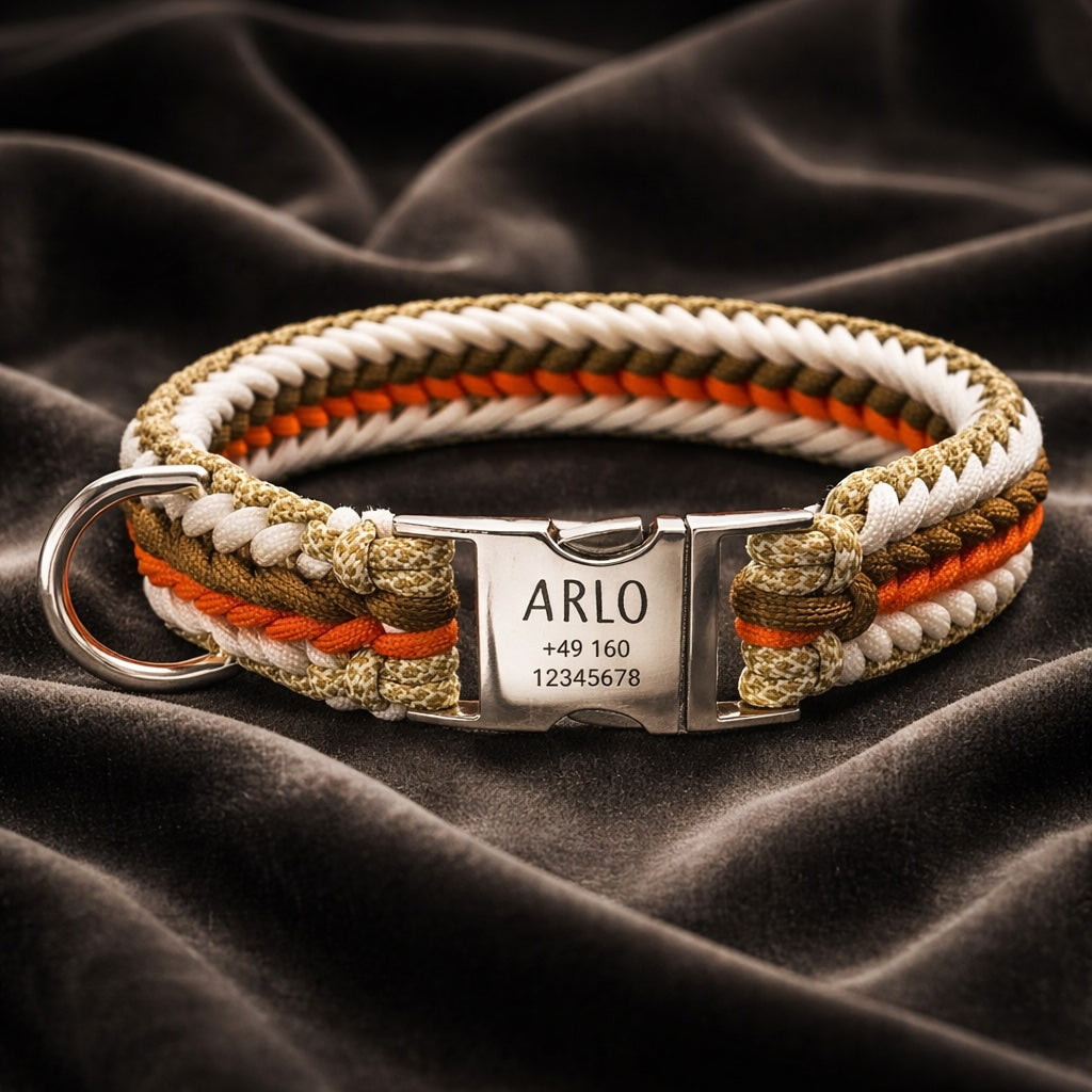 Arlo – Handgefertigtes Paracord Hundehalsband mit Gravur | Orange-Braun-Weiß-Beige
