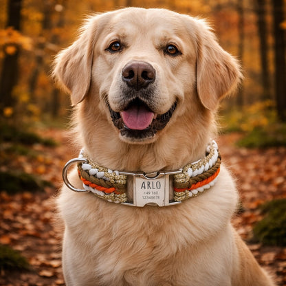 Arlo – Handgefertigtes Paracord Hundehalsband mit Gravur | Orange-Braun-Weiß-Beige