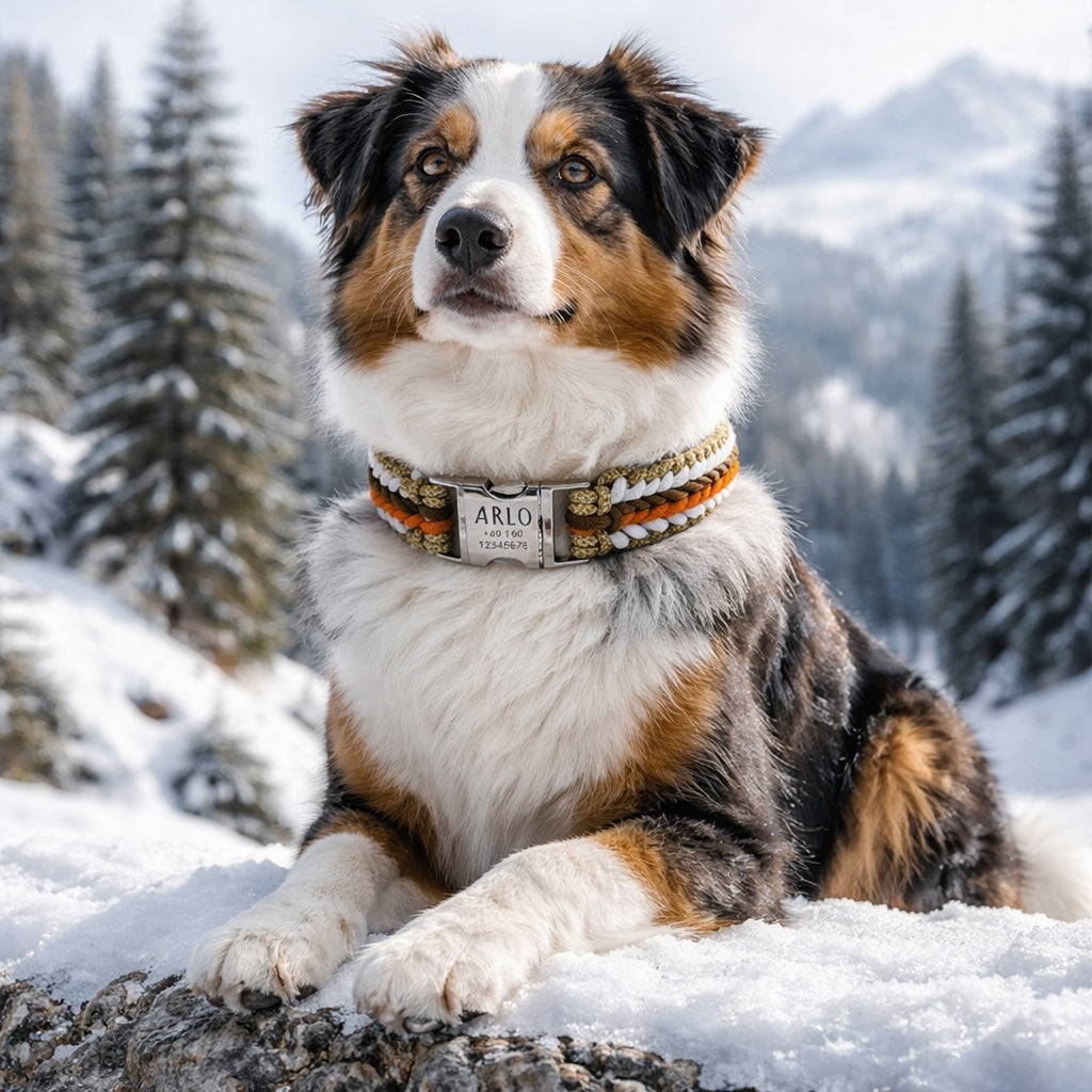 Arlo – Handgefertigtes Paracord Hundehalsband mit Gravur | Orange-Braun-Weiß-Beige