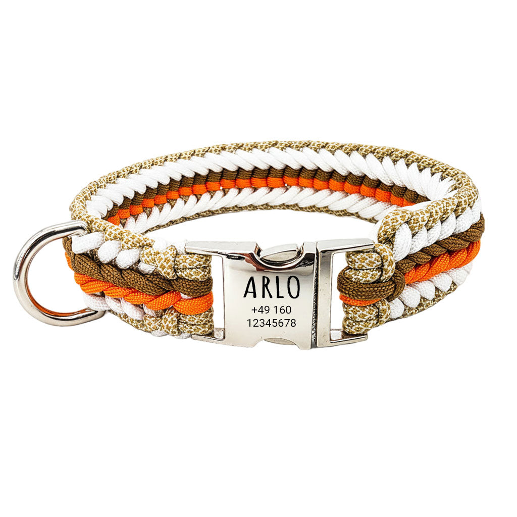 Arlo – Handgefertigtes Paracord Hundehalsband mit Gravur | Orange-Braun-Weiß-Beige - S 40cm