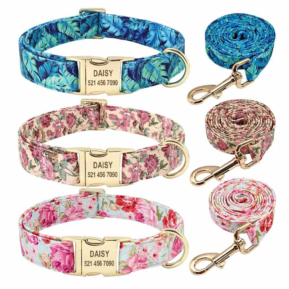 Hundehalsband mit Blumenmuster und gratis Gravur - optional als Set