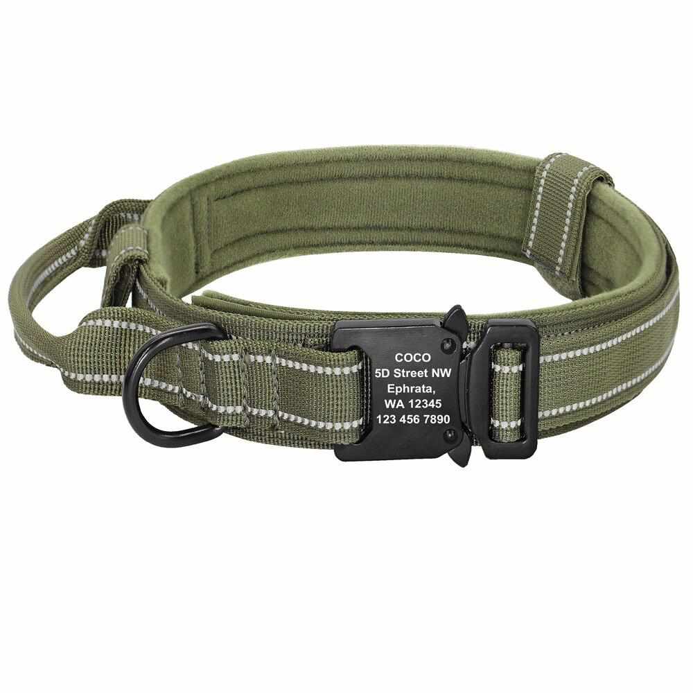 Militär Hundehalsband mit Griff und gratis Gravur auf Schnalle